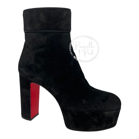 Christian Louboutin black suede platform ankle boot block heel square toe retro - Picture 1 of 16